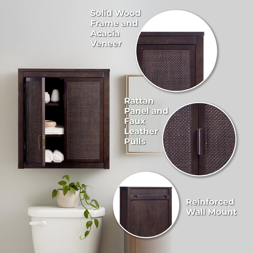 Ameer Modern Boho Over-the-Toilet Storage Wall Cabinet with 2 Rattan Inlay Doors, Adjustable Shelves & Solid Wood