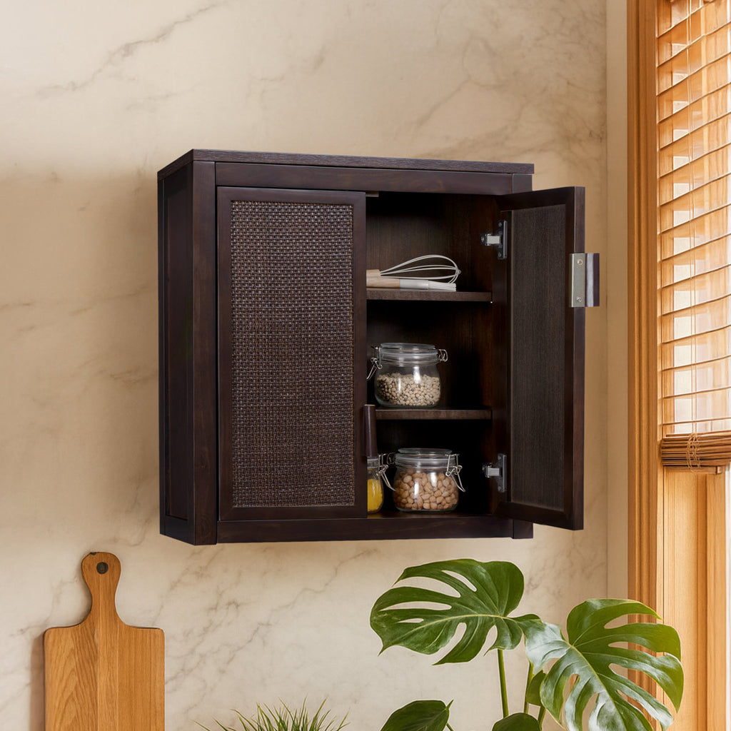 Ameer Modern Boho Over-the-Toilet Storage Wall Cabinet with 2 Rattan Inlay Doors, Adjustable Shelves & Solid Wood