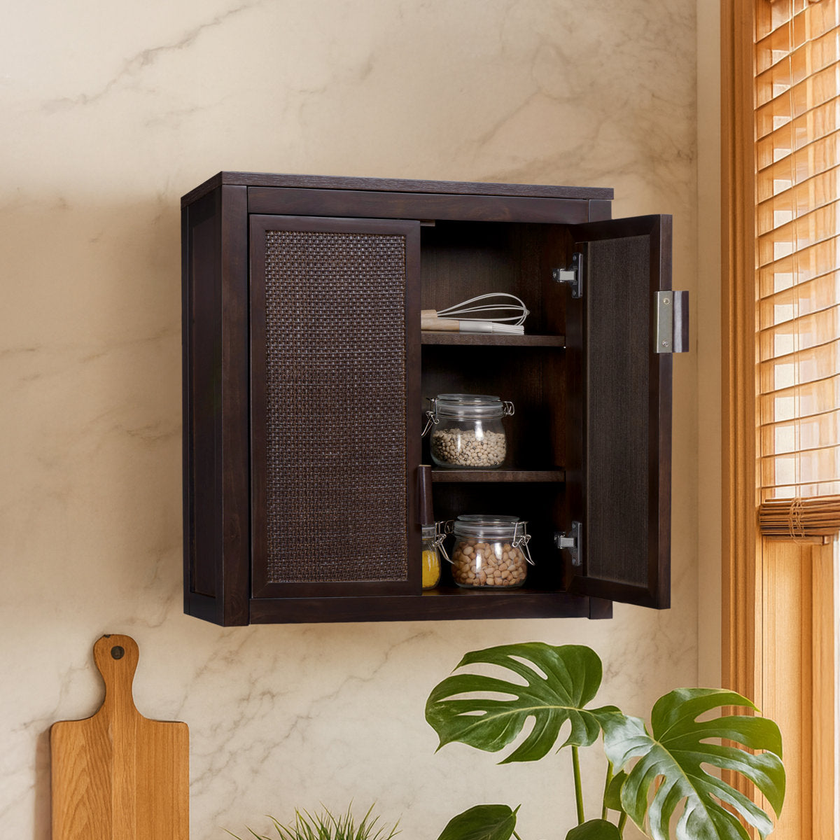 Ameer Modern Boho Over-the-Toilet Storage Wall Cabinet with 2 Rattan Inlay Doors, Adjustable Shelves & Solid Wood