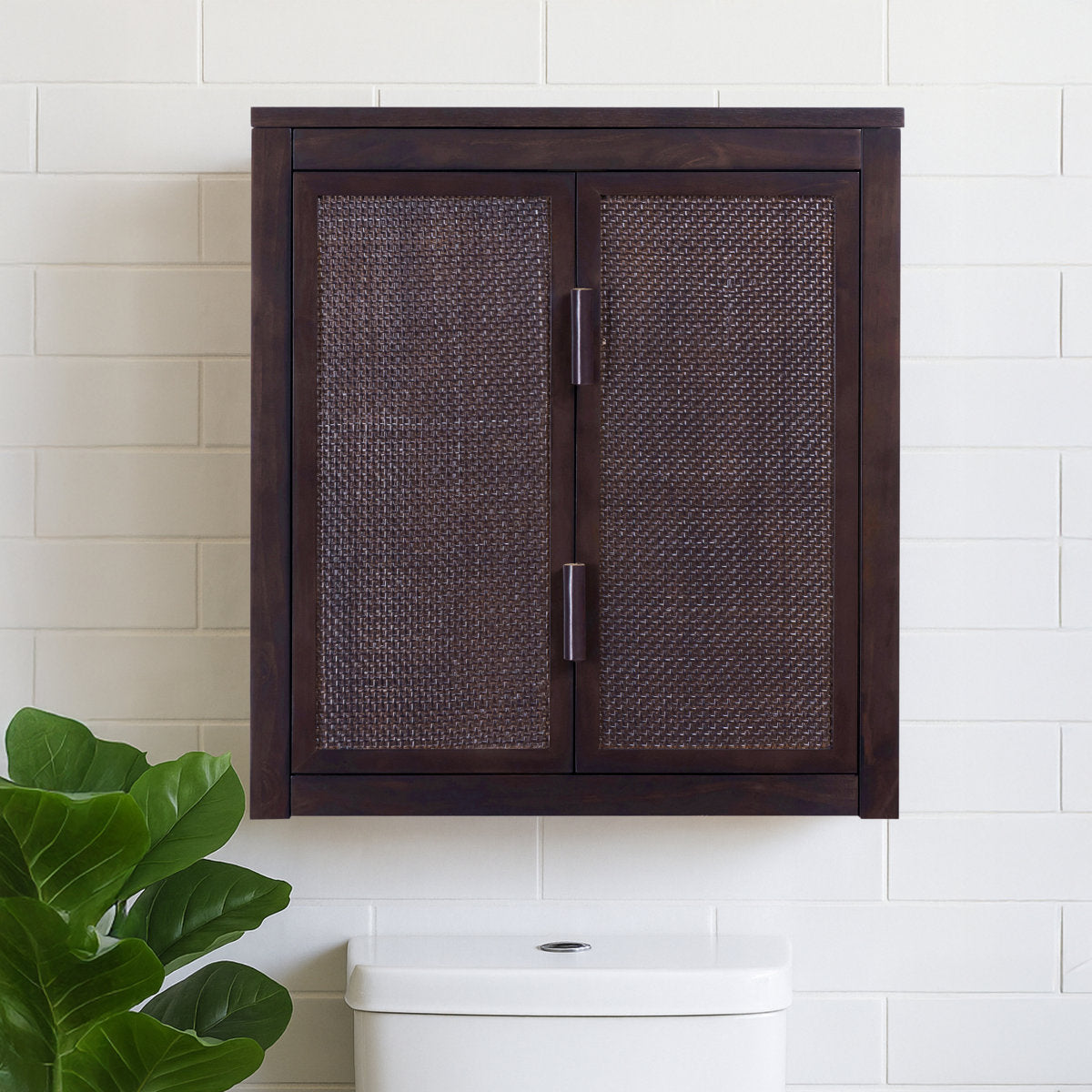 Ameer Modern Boho Over-the-Toilet Storage Wall Cabinet with 2 Rattan Inlay Doors, Adjustable Shelves & Solid Wood
