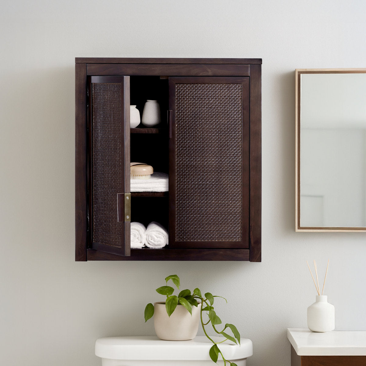 Ameer Modern Boho Over-the-Toilet Storage Wall Cabinet with 2 Rattan Inlay Doors, Adjustable Shelves & Solid Wood