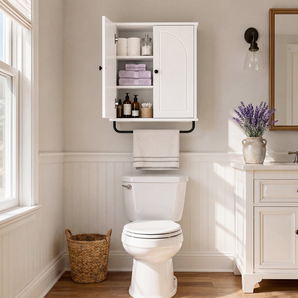 Arched 2-Door Wall Cabinet with Towel Rod — Water-Resistant Finish, Adjustable Shelves, Over-the-Toilet Bathroom Storage Organizer, Farmhouse White