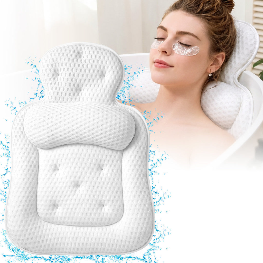 Bath Pillow with 5D Mesh Fabric and Non-Slip Suction Cups, Extra Thick Cushion, Head & Neck Support, White