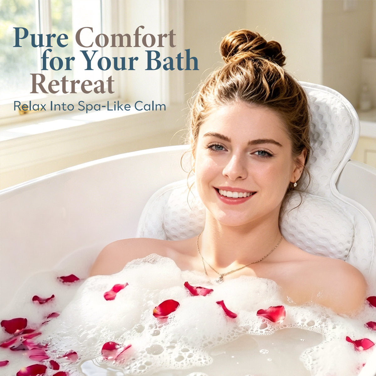 Bath Pillow with 5D Mesh Fabric and Non-Slip Suction Cups, Extra Thick Cushion, Head & Neck Support, White
