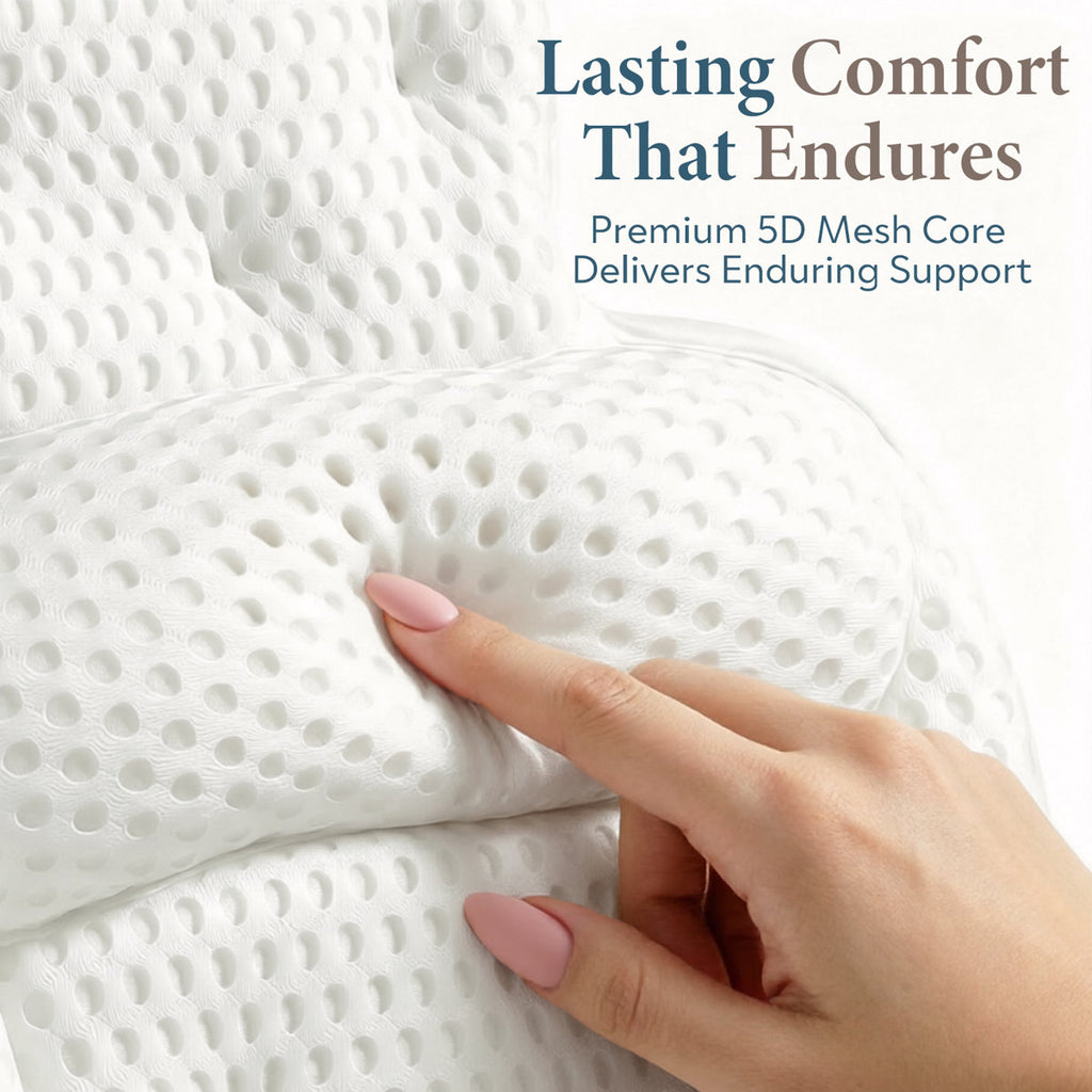 Bath Pillow with 5D Mesh Fabric and Non-Slip Suction Cups, Extra Thick Cushion, Head & Neck Support, White