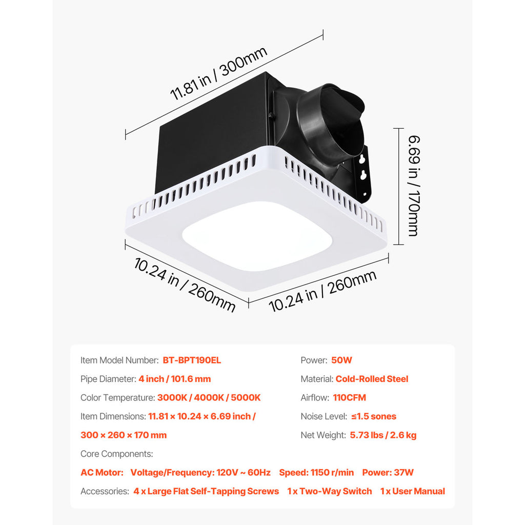 Bathroom Exhaust Fan with LED Light, 110 CFM Bathroom Vent Three Gear Color Temp, 1.5 Sones Low-Noise, Premium AC Motor Ceiling Fan for Laundry Room, Storage Room, Home Ventilation, White DDYSPQSW110CIR0PS001V6