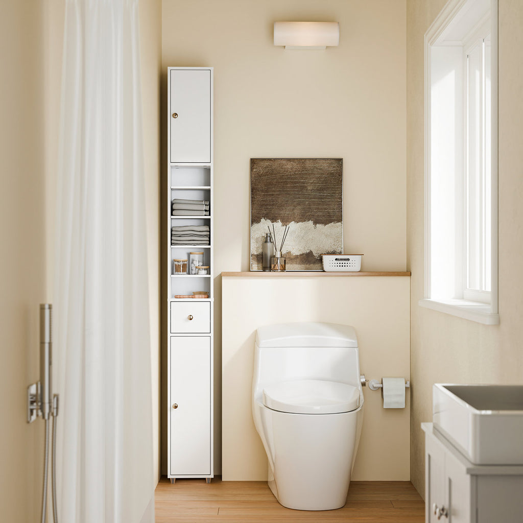 Bathroom Narrow Tall Storage Cabinet with 2 Doors, 1 Drawer, White