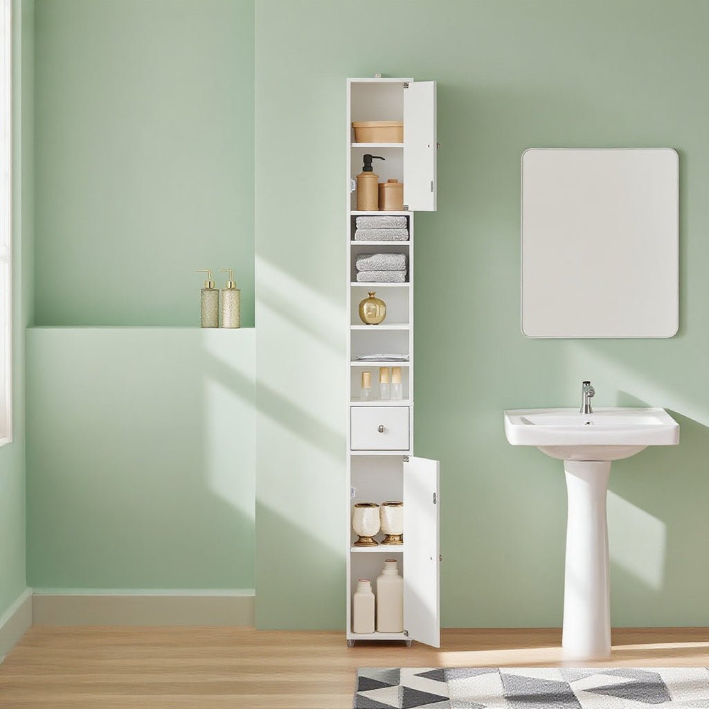 Bathroom Narrow Tall Storage Cabinet with 2 Doors, 1 Drawer, White