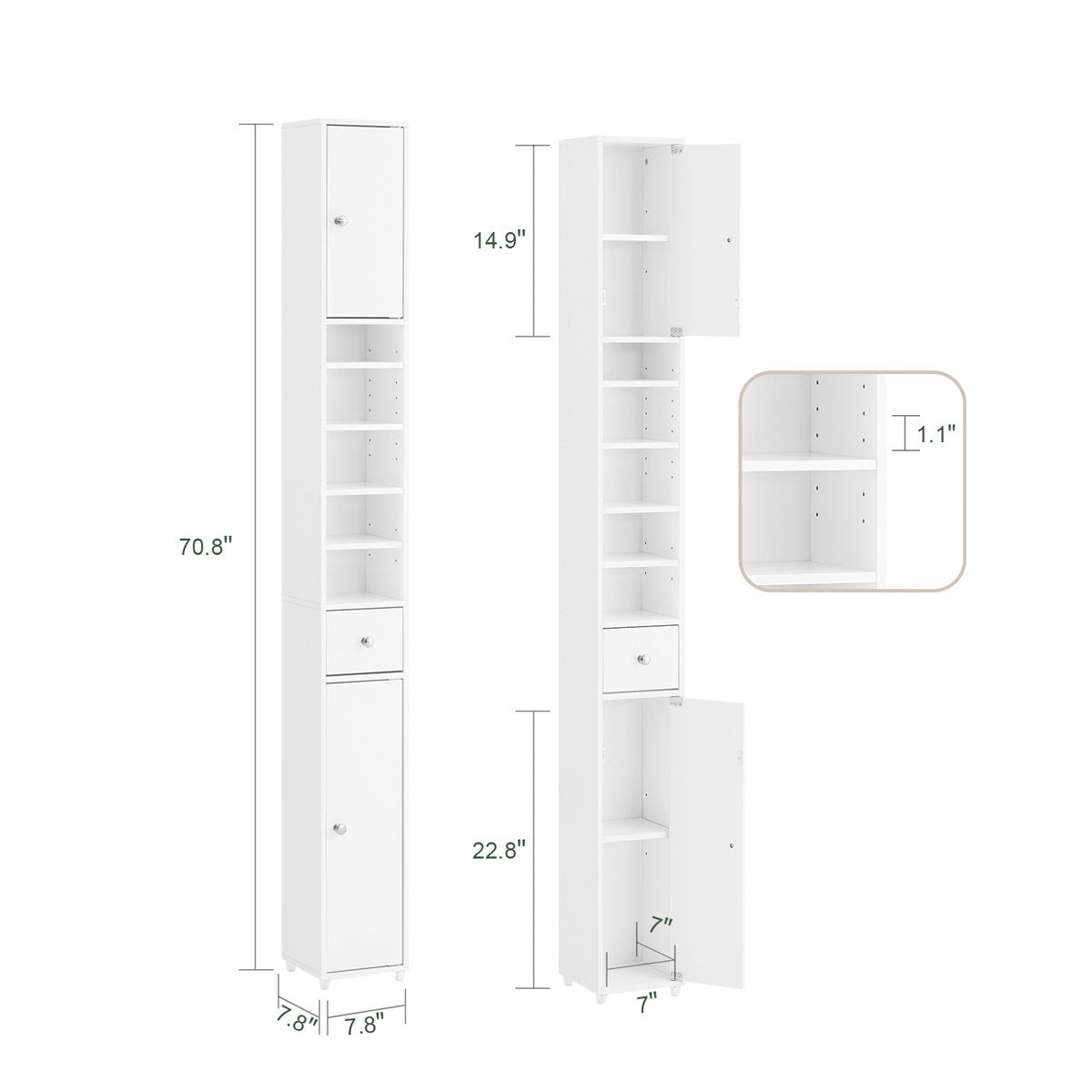 Bathroom Narrow Tall Storage Cabinet with 2 Doors, 1 Drawer, White