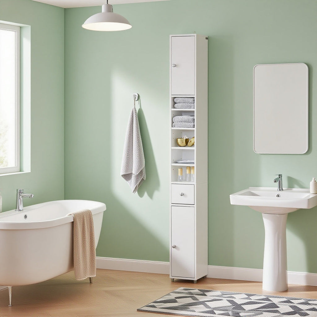 Bathroom Narrow Tall Storage Cabinet with 2 Doors, 1 Drawer, White