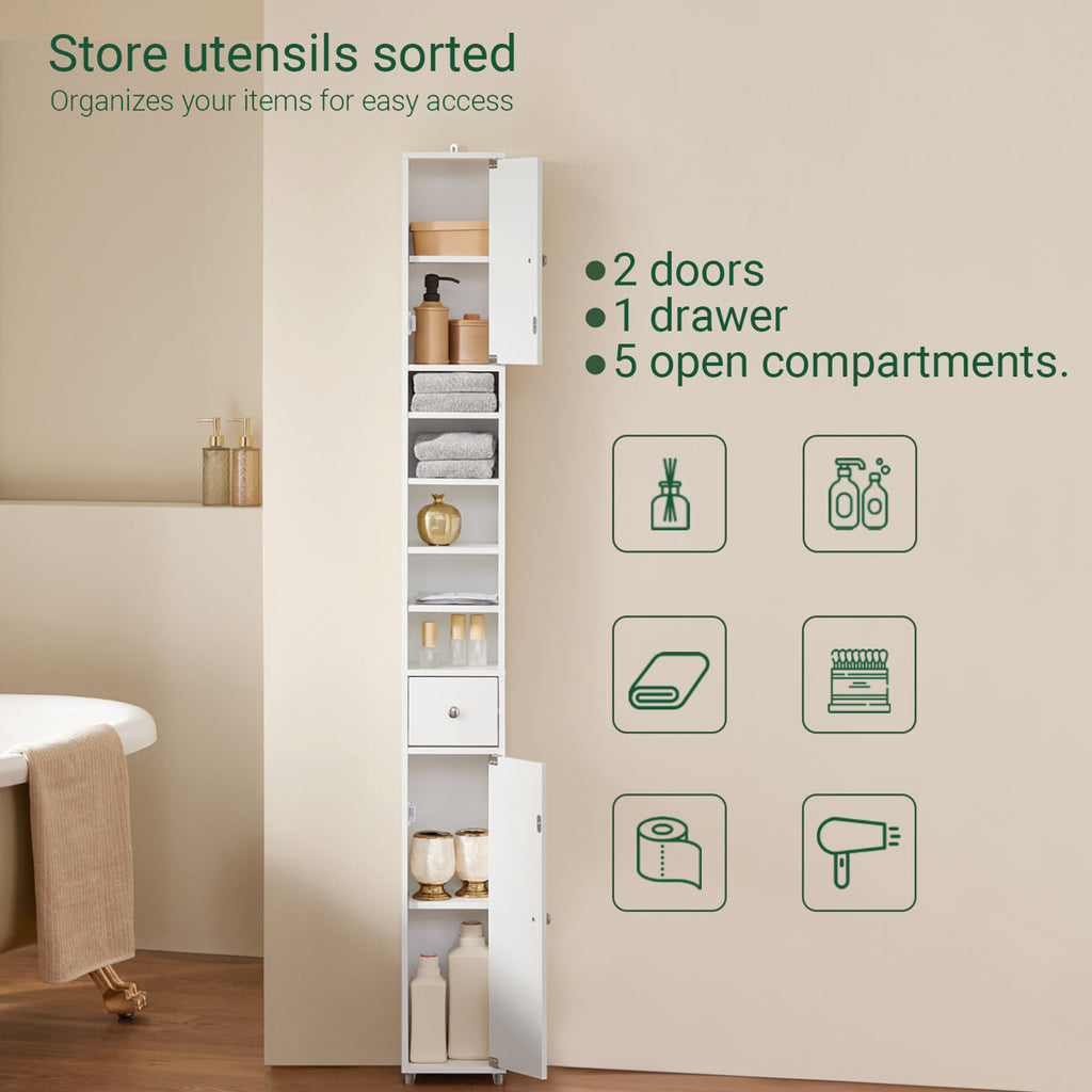 Bathroom Narrow Tall Storage Cabinet with 2 Doors, 1 Drawer, White