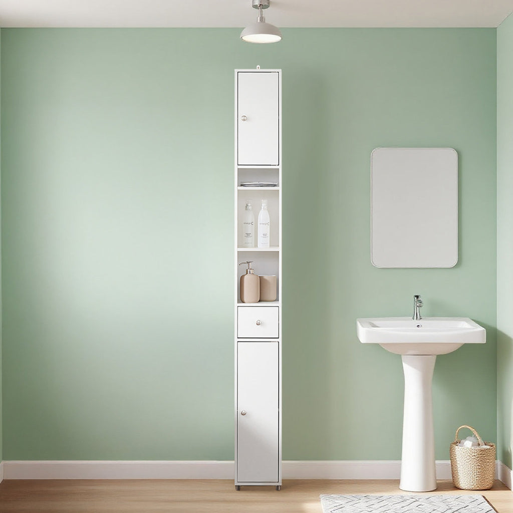 Bathroom Narrow Tall Storage Cabinet with 2 Doors, 1 Drawer, White