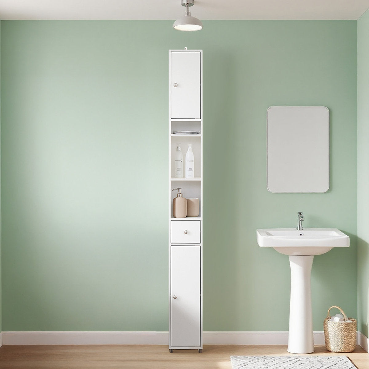 Bathroom Narrow Tall Storage Cabinet with 2 Doors, 1 Drawer, White