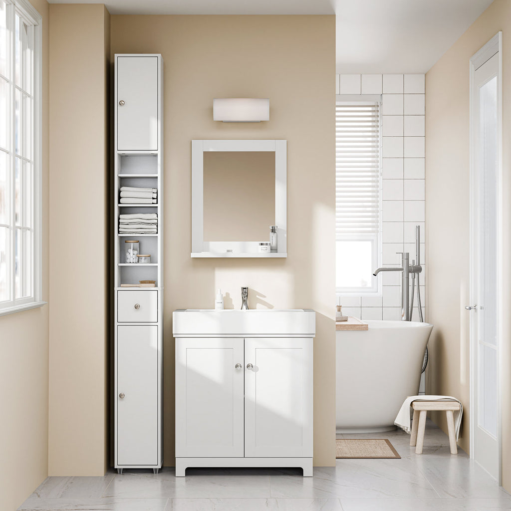 Bathroom Narrow Tall Storage Cabinet with 2 Doors, 1 Drawer, White