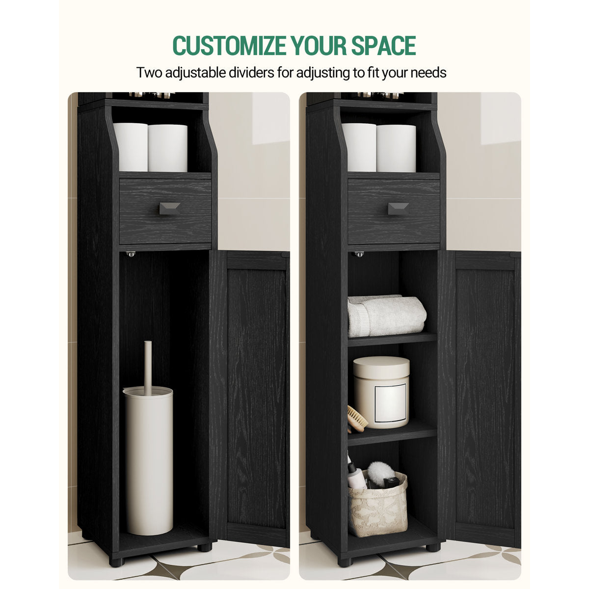 Bathroom Storage Cabinet, Narrow Toilet Paper Storage Cabinet, Tall Toilet Paper Holder with 2 Doors and1 Drawer, Bathroom Organizer with Adjustable Shelf, 1 Hook for Small Spaces