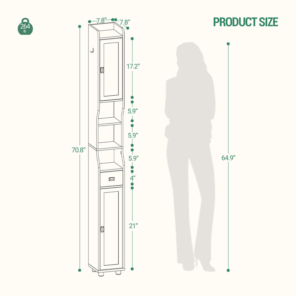Bathroom Storage Cabinet, Narrow Toilet Paper Storage Cabinet, Tall Toilet Paper Holder with 2 Doors and1 Drawer, Bathroom Organizer with Adjustable Shelf, 1 Hook for Small Spaces