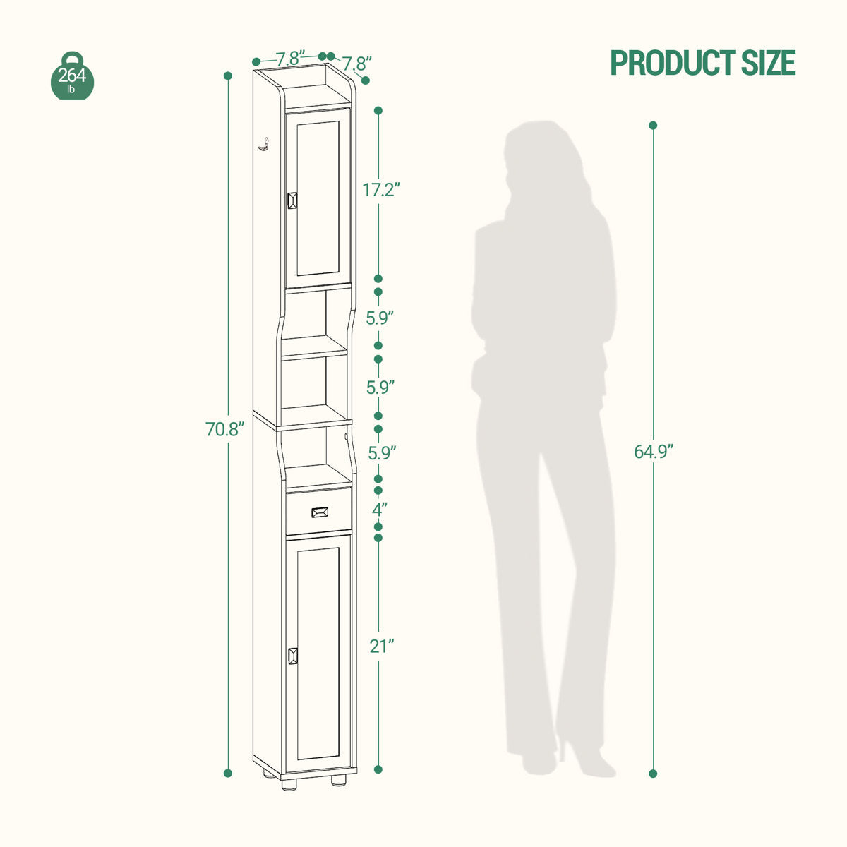 Bathroom Storage Cabinet, Narrow Toilet Paper Storage Cabinet, Tall Toilet Paper Holder with 2 Doors and1 Drawer, Bathroom Organizer with Adjustable Shelf, 1 Hook for Small Spaces
