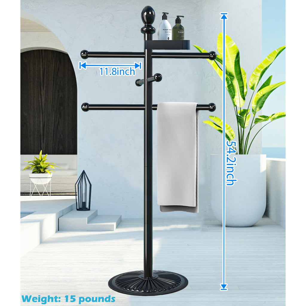 Black Pool Towel Rack Outdoor, 6 Bars With Top Tray Metal Heavy Duty Never Tilt Pool Accessories With Heavy Metal Base, Hot Tub Accessories Towel Dying Rack Towel Stand For Pool, Hot Tub Etc JJB0CKRS5PG2