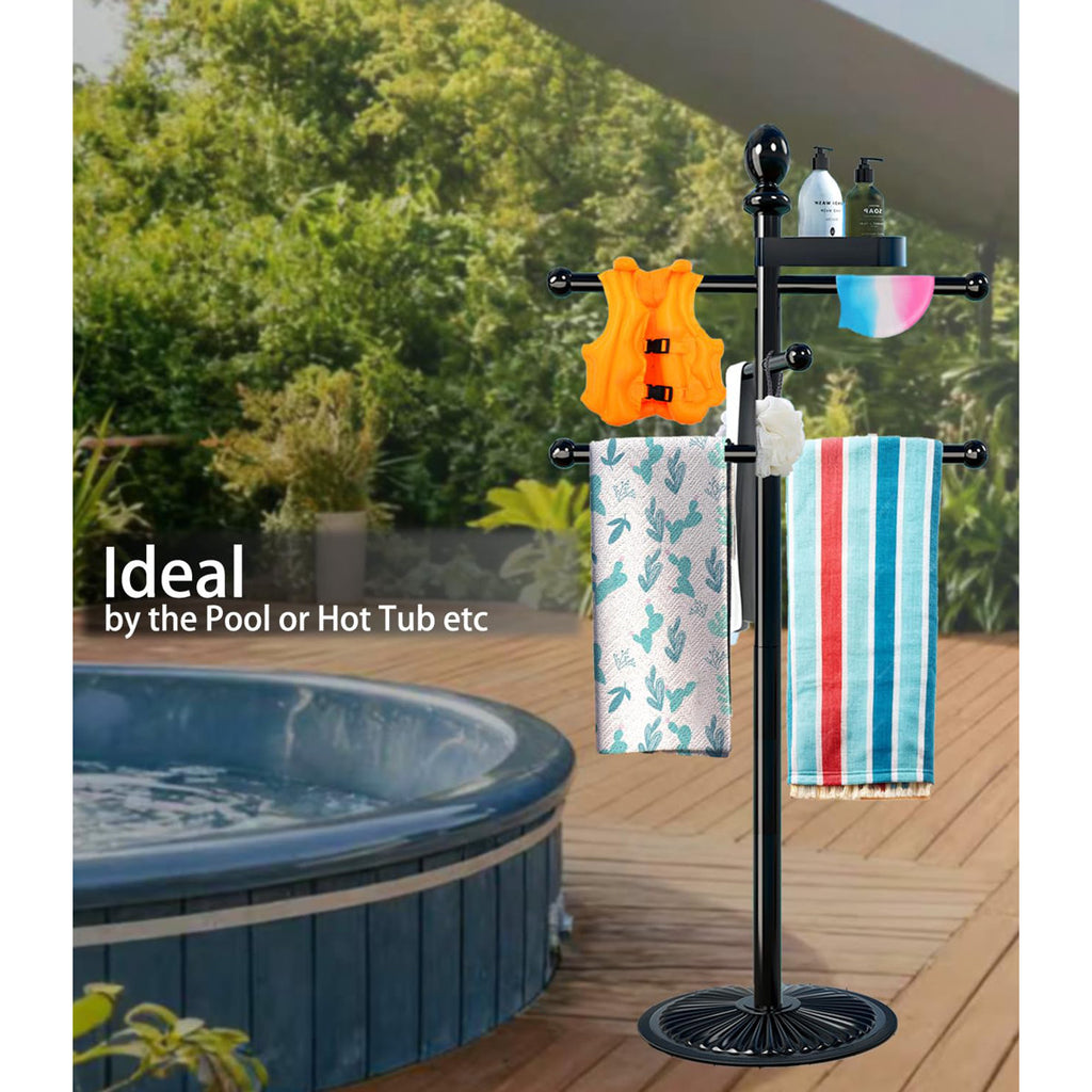 Black Pool Towel Rack Outdoor, 6 Bars With Top Tray Metal Heavy Duty Never Tilt Pool Accessories With Heavy Metal Base, Hot Tub Accessories Towel Dying Rack Towel Stand For Pool, Hot Tub Etc JJB0CKRS5PG2