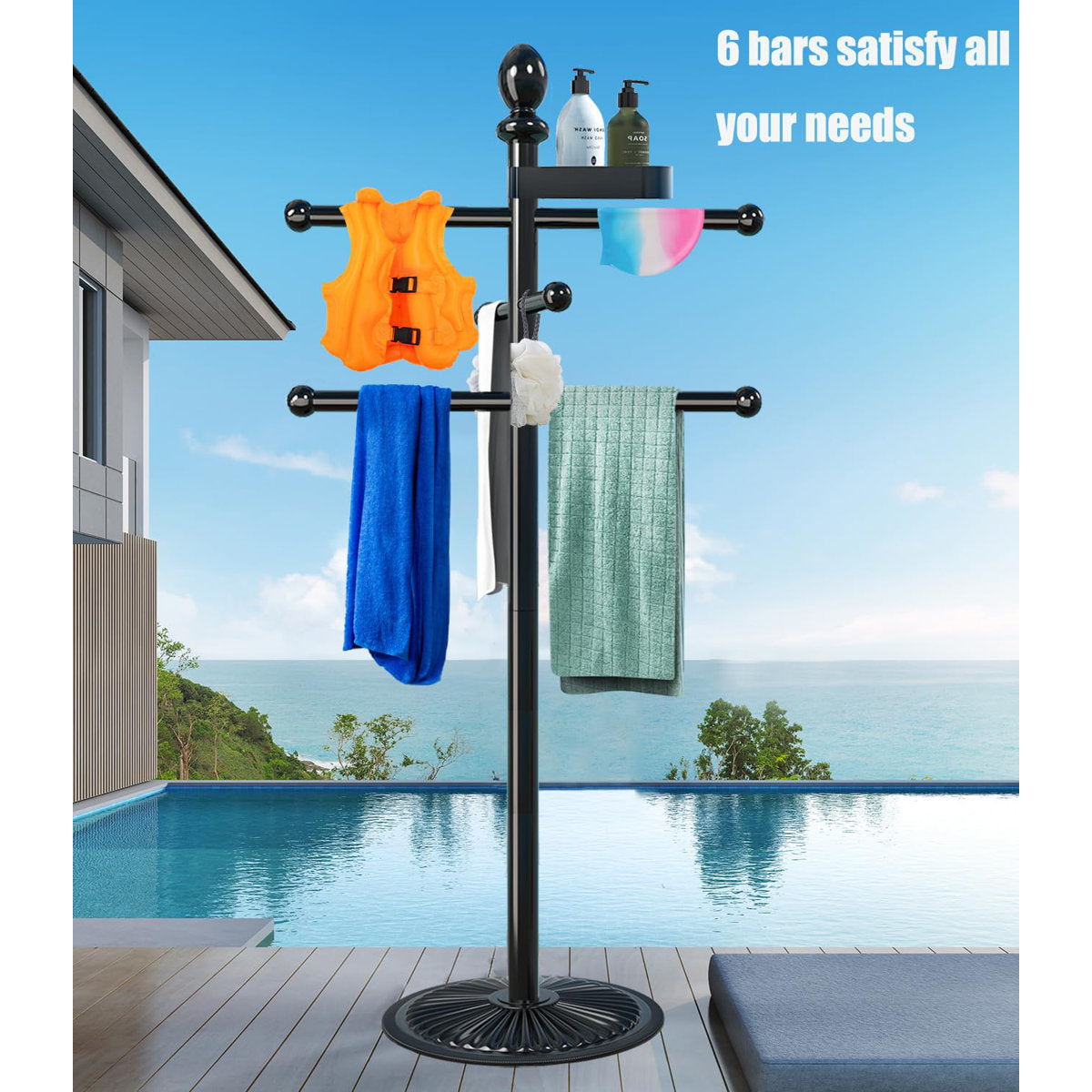 Black Pool Towel Rack Outdoor, 6 Bars With Top Tray Metal Heavy Duty Never Tilt Pool Accessories With Heavy Metal Base, Hot Tub Accessories Towel Dying Rack Towel Stand For Pool, Hot Tub Etc JJB0CKRS5PG2