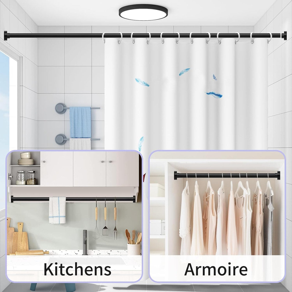 Black Spring Tension Shower Rods to33-72 Inch:Modern Heavy Duty Adjustable,No Drilling No-Slip Easy Install