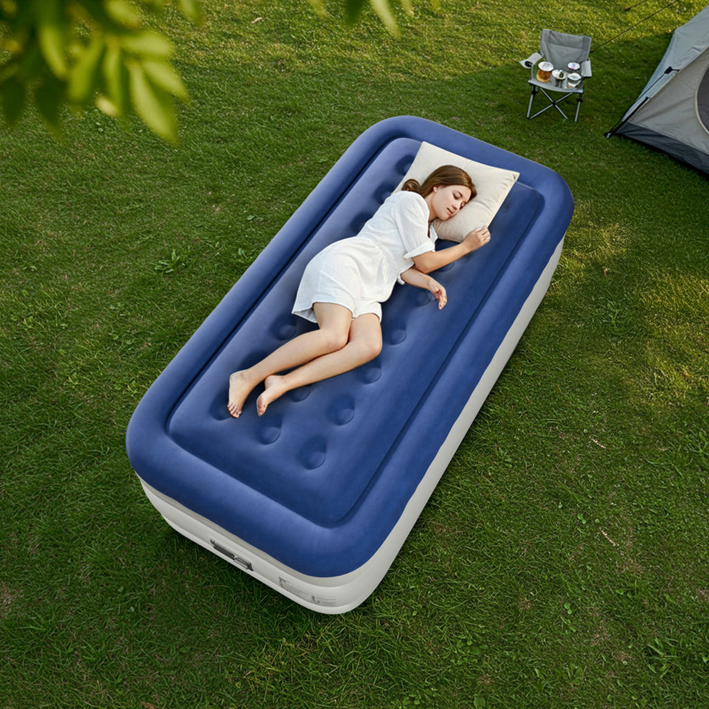 Blue & White Air Mattress With Built-In Pump Comfort Blow Up Mattress