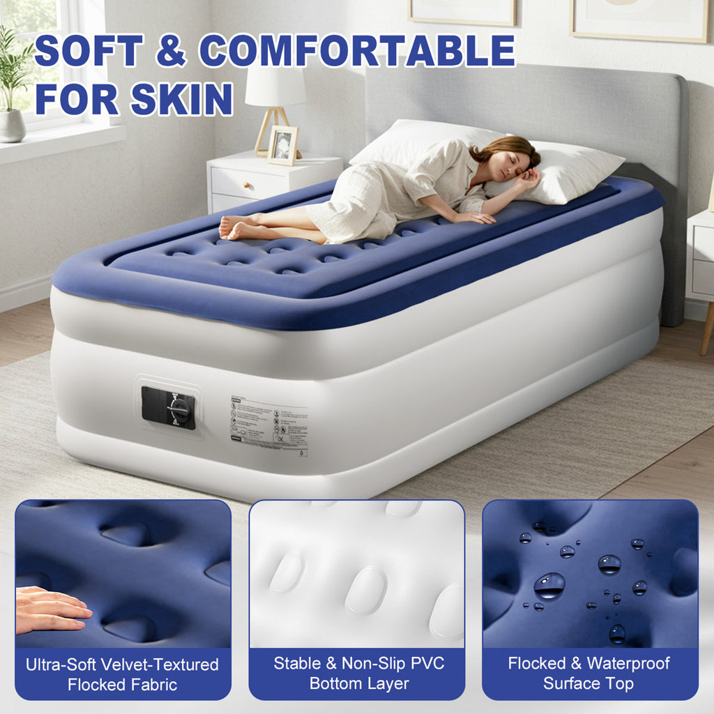 Blue & White Air Mattress With Built-In Pump Comfort Blow Up Mattress