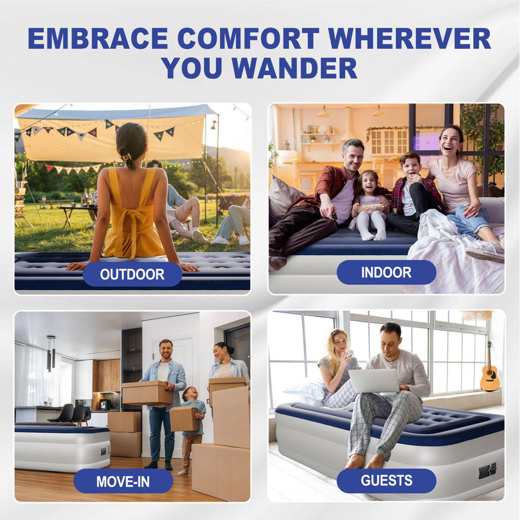 Blue & White Air Mattress With Built-In Pump Comfort Blow Up Mattress