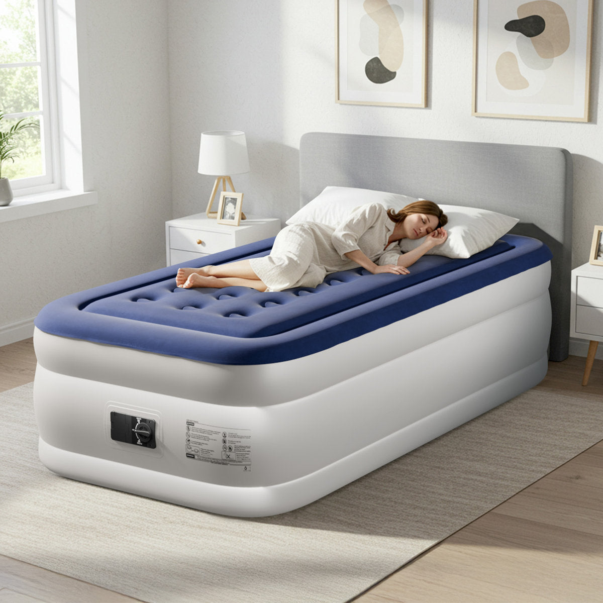 Blue & White Air Mattress With Built-In Pump Comfort Blow Up Mattress