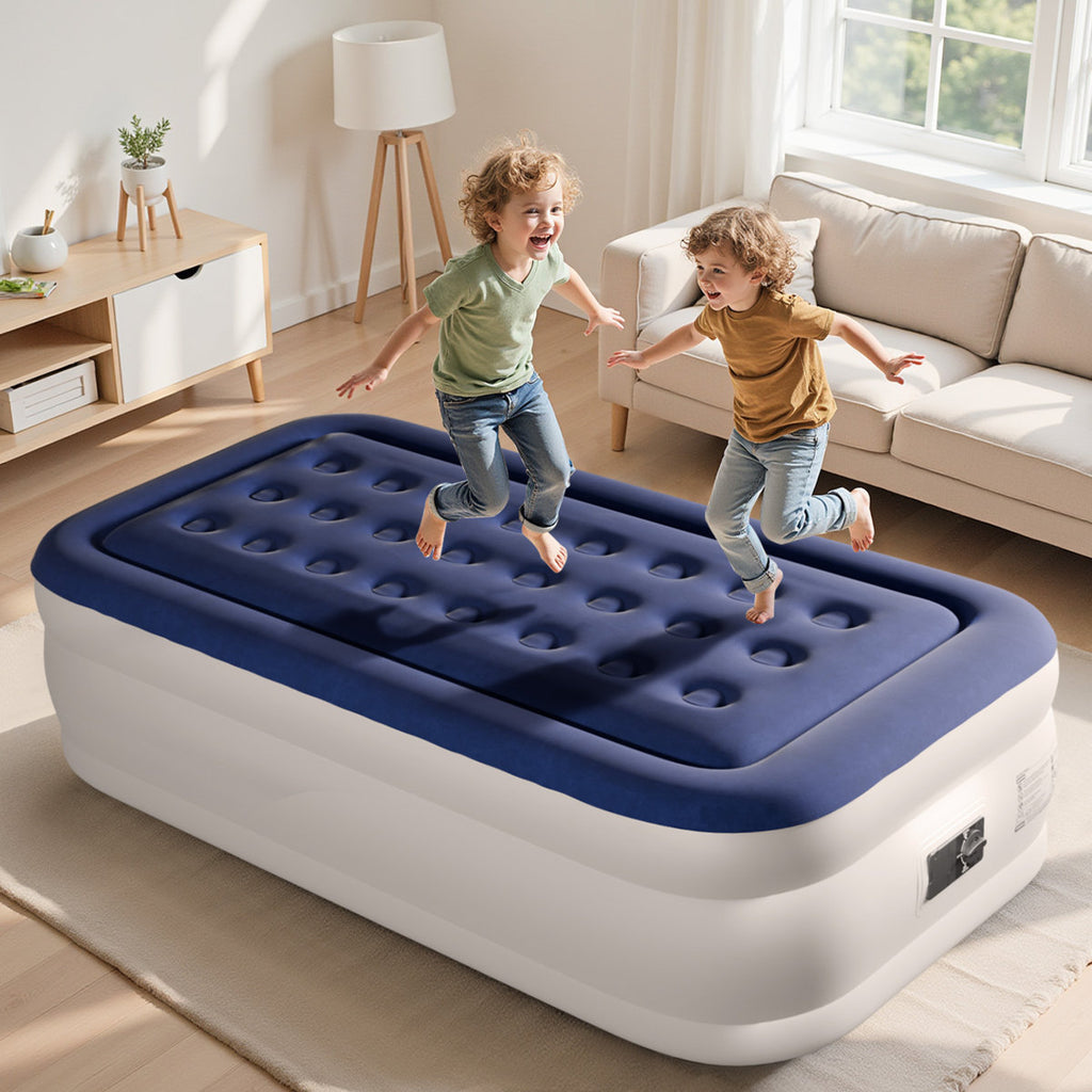 Blue & White Air Mattress With Built-In Pump Comfort Blow Up Mattress