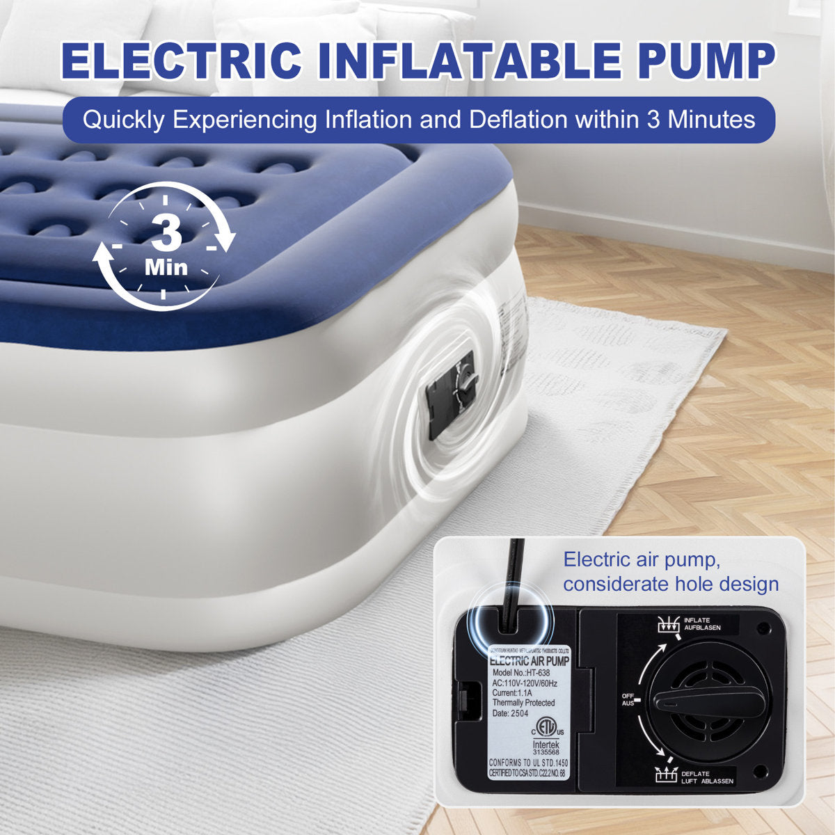 Blue & White Air Mattress With Built-In Pump Comfort Blow Up Mattress