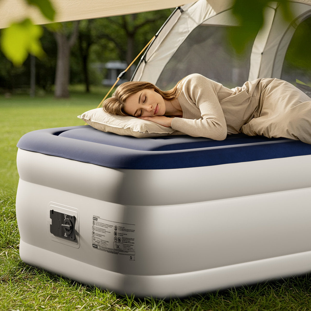 Blue & White Air Mattress With Built-In Pump Comfort Blow Up Mattress