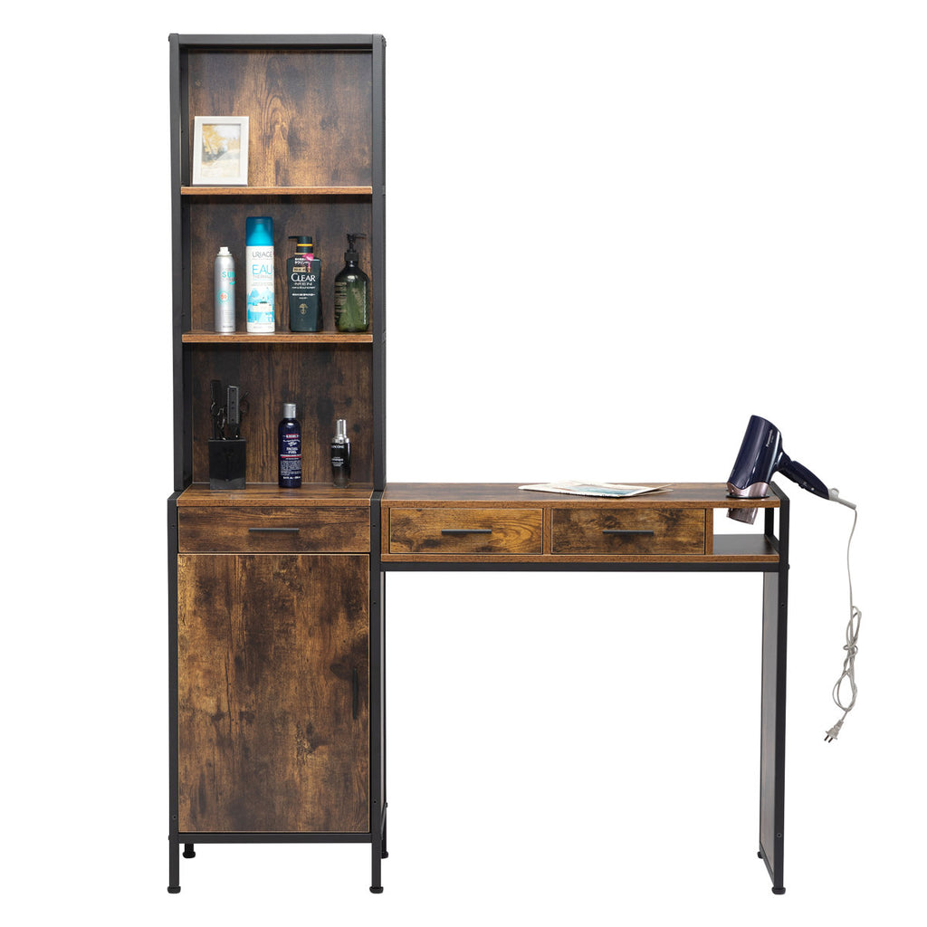 Brawlin Vintage Brown Wooden Hair Styling Station - 3-Drawer Salon Storage Cabinet with Open Shelf & 3 Hair Dryer Holes, Perfect for Home Salon, Bathroom, Living Room, or Bedroom