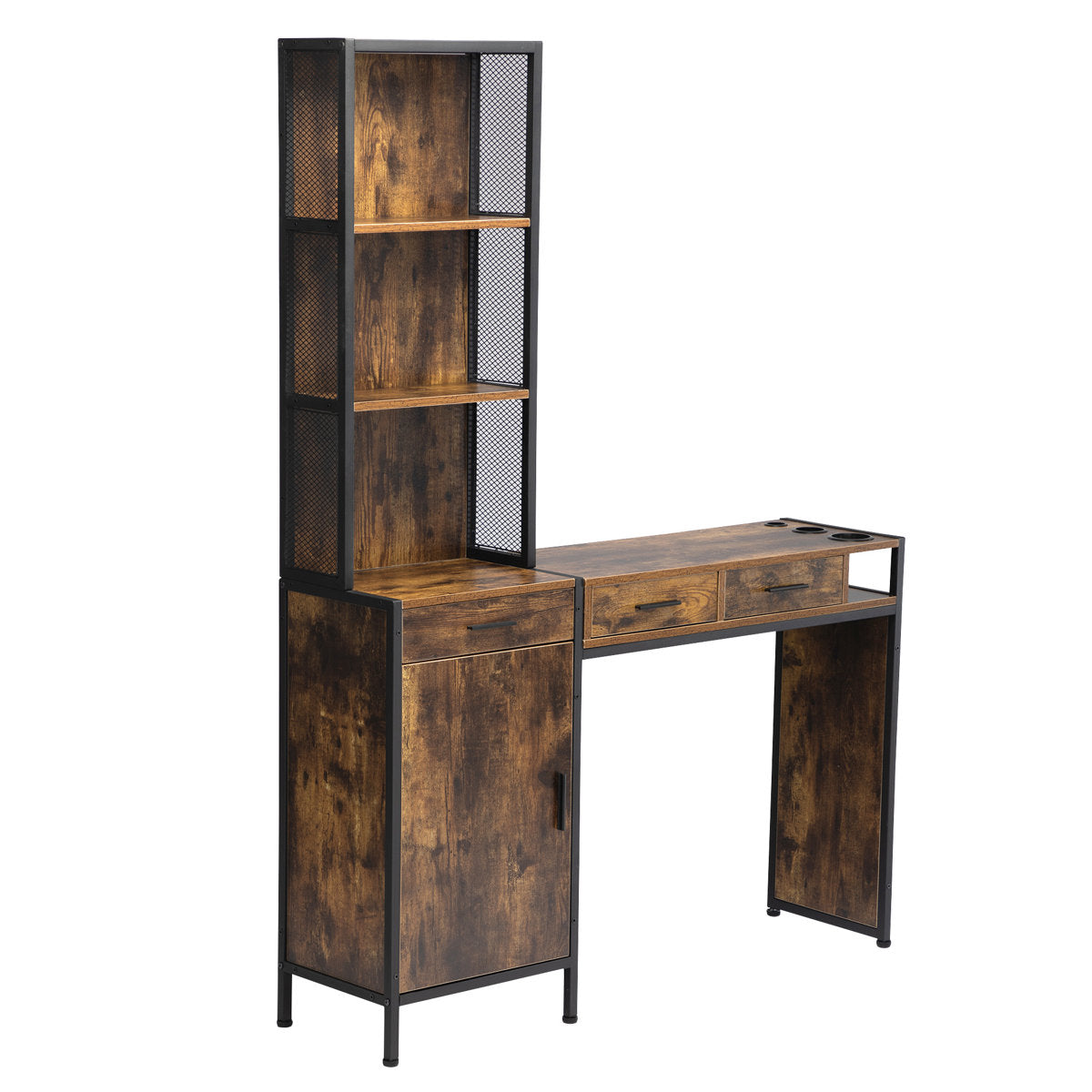 Brawlin Vintage Brown Wooden Hair Styling Station - 3-Drawer Salon Storage Cabinet with Open Shelf & 3 Hair Dryer Holes, Perfect for Home Salon, Bathroom, Living Room, or Bedroom