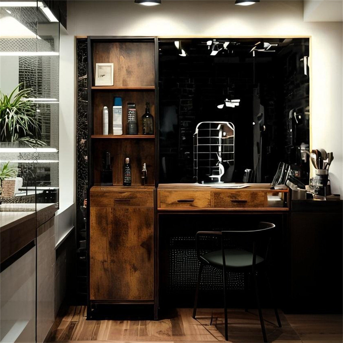 Brawlin Vintage Brown Wooden Hair Styling Station - 3-Drawer Salon Storage Cabinet with Open Shelf & 3 Hair Dryer Holes, Perfect for Home Salon, Bathroom, Living Room, or Bedroom