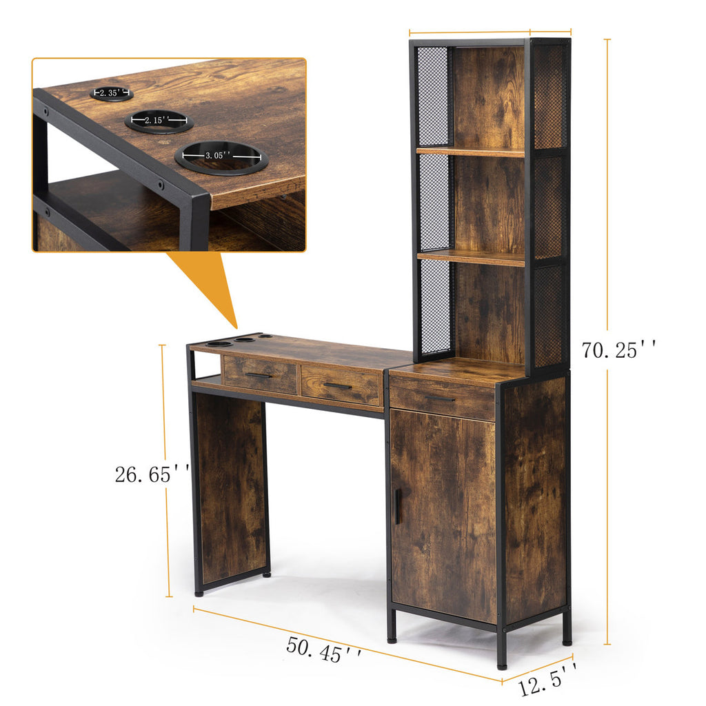 Brawlin Vintage Brown Wooden Hair Styling Station - 3-Drawer Salon Storage Cabinet with Open Shelf & 3 Hair Dryer Holes, Perfect for Home Salon, Bathroom, Living Room, or Bedroom