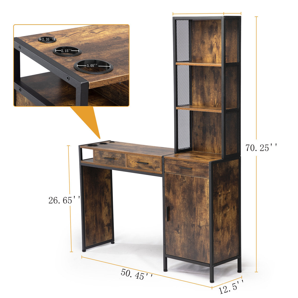 Brawlin Vintage Brown Wooden Hair Styling Station - 3-Drawer Salon Storage Cabinet with Open Shelf & 3 Hair Dryer Holes, Perfect for Home Salon, Bathroom, Living Room, or Bedroom