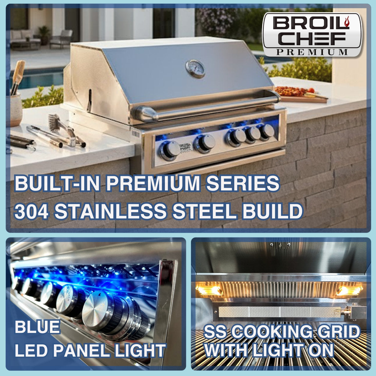 BroilChef 32-inch Built-in  Steel 4+1RL-Burner Outdoor Kitchen Island BBQ Propane Grill with Infrared Rear Burner Oven 304 High-Grade Stainless Steel, 4 Main Burners+1 Infrared Rear Burner with Rear Burner BCP-500S