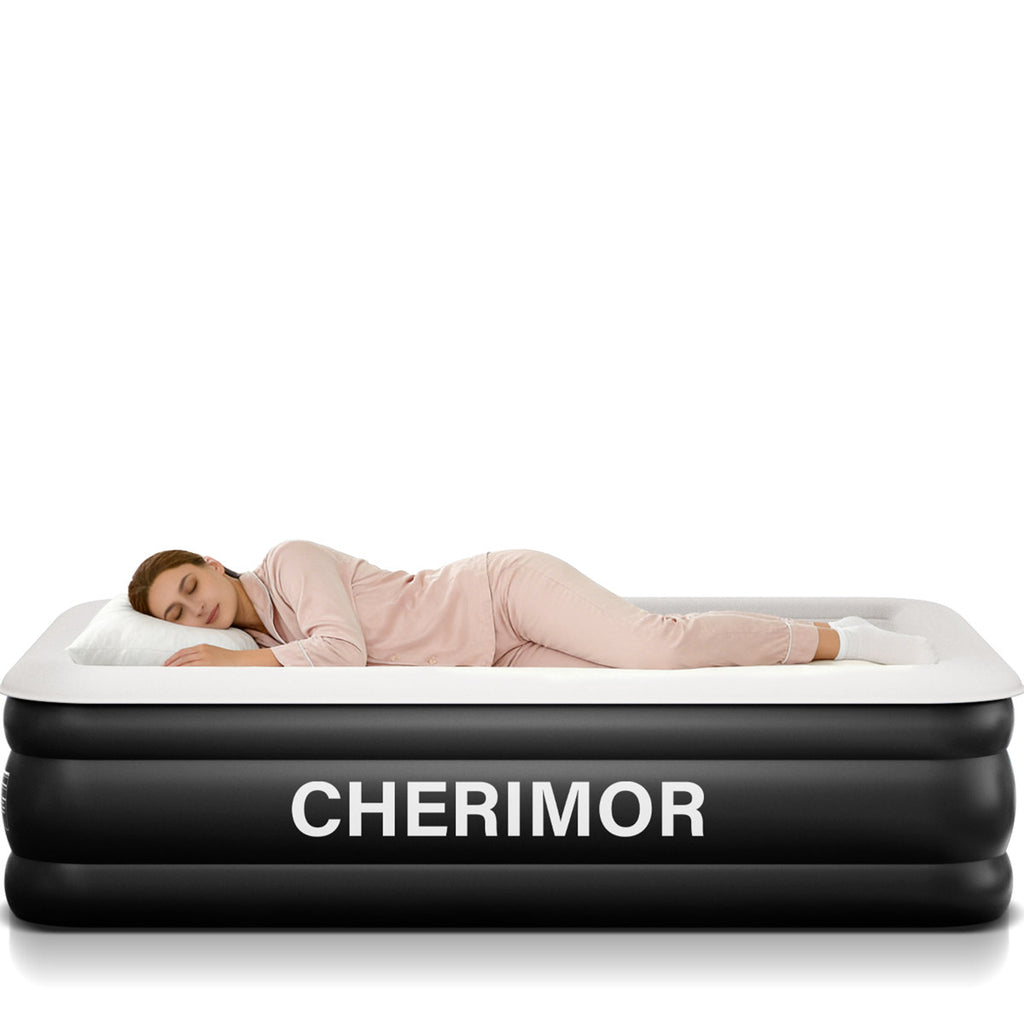 CHERIMOR 18" Full Air Mattress, Built-In Electric Pump Included, Carrying Case Included, Single Chamber, Indoor/ Outdoor Use, 600 lb Capacity, Black