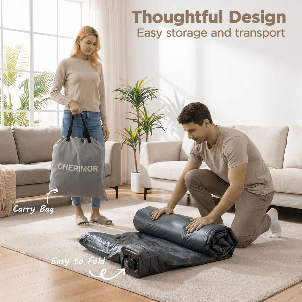 CHERIMOR 18" Full Air Mattress, Built-In Electric Pump Included, Carrying Case Included, Single Chamber, Indoor/ Outdoor Use, 600 lb Capacity, Black