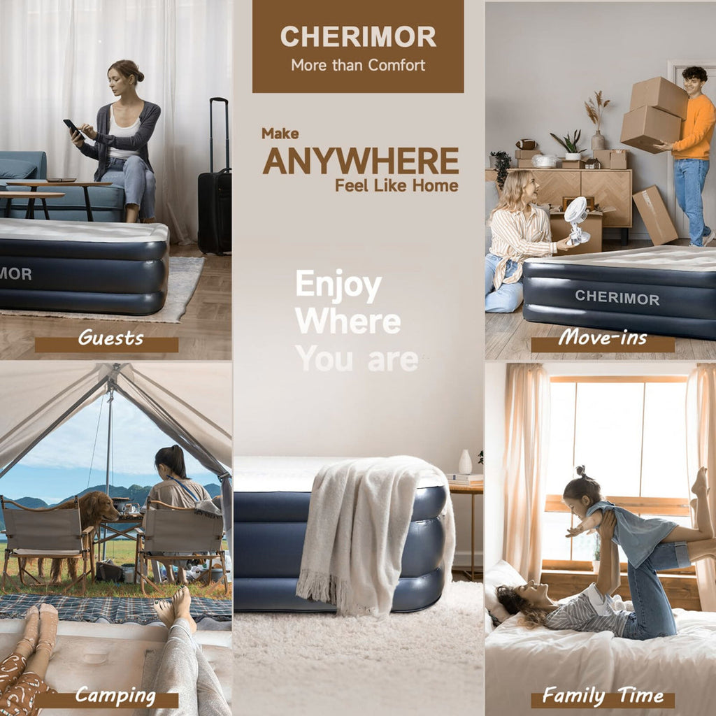 CHERIMOR 18" Full Air Mattress, Built-In Electric Pump Included, Carrying Case Included, Single Chamber, Indoor/ Outdoor Use, 600 lb Capacity, Black