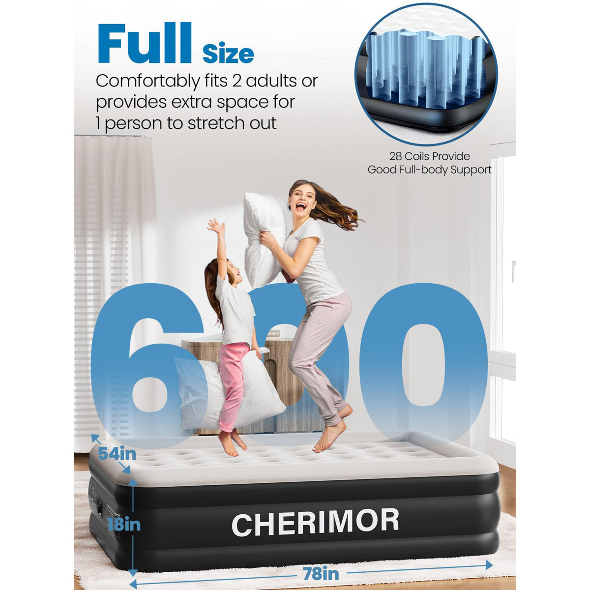 CHERIMOR 18" Full Air Mattress, Built-In Electric Pump Included, Carrying Case Included, Single Chamber, Indoor/ Outdoor Use, 600 lb Capacity, Black
