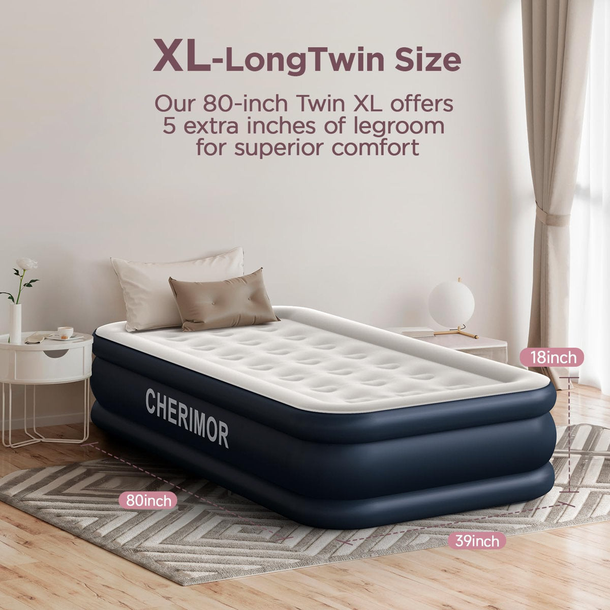 CHERIMOR 18" Twin XL Air Mattress, Built-In Electric Pump Included, Carrying Case Included, Single Chamber, Indoor/ Outdoor Use, 500 lb Capacity, Blue