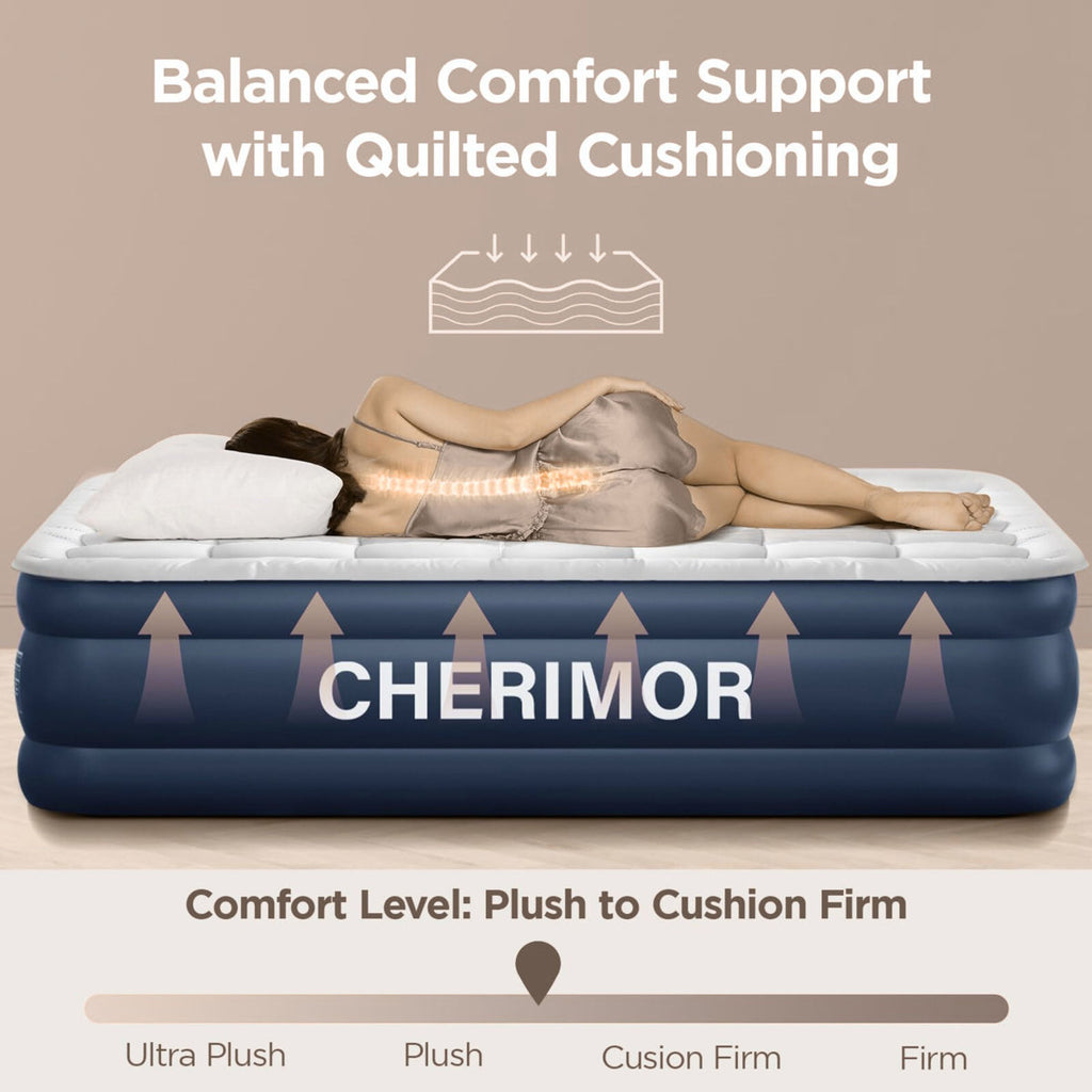 CHERIMOR 18" Twin XL Air Mattress, Built-In Electric Pump Included, Carrying Case Included, Single Chamber, Indoor/ Outdoor Use, 500 lb Capacity, Blue