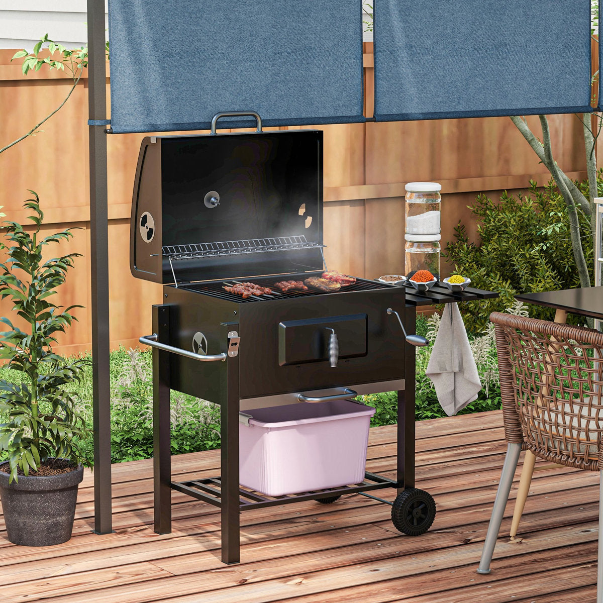 Charcoal Bbq Grill, Portable Outdoor Cooker For Camping & Backyard Parties. 21.75"X16.5" Grilling Surface, Side Table, Bottom Shelf, Wheels, Handle, Black. Optimal Heat Control With Adjustable Vents