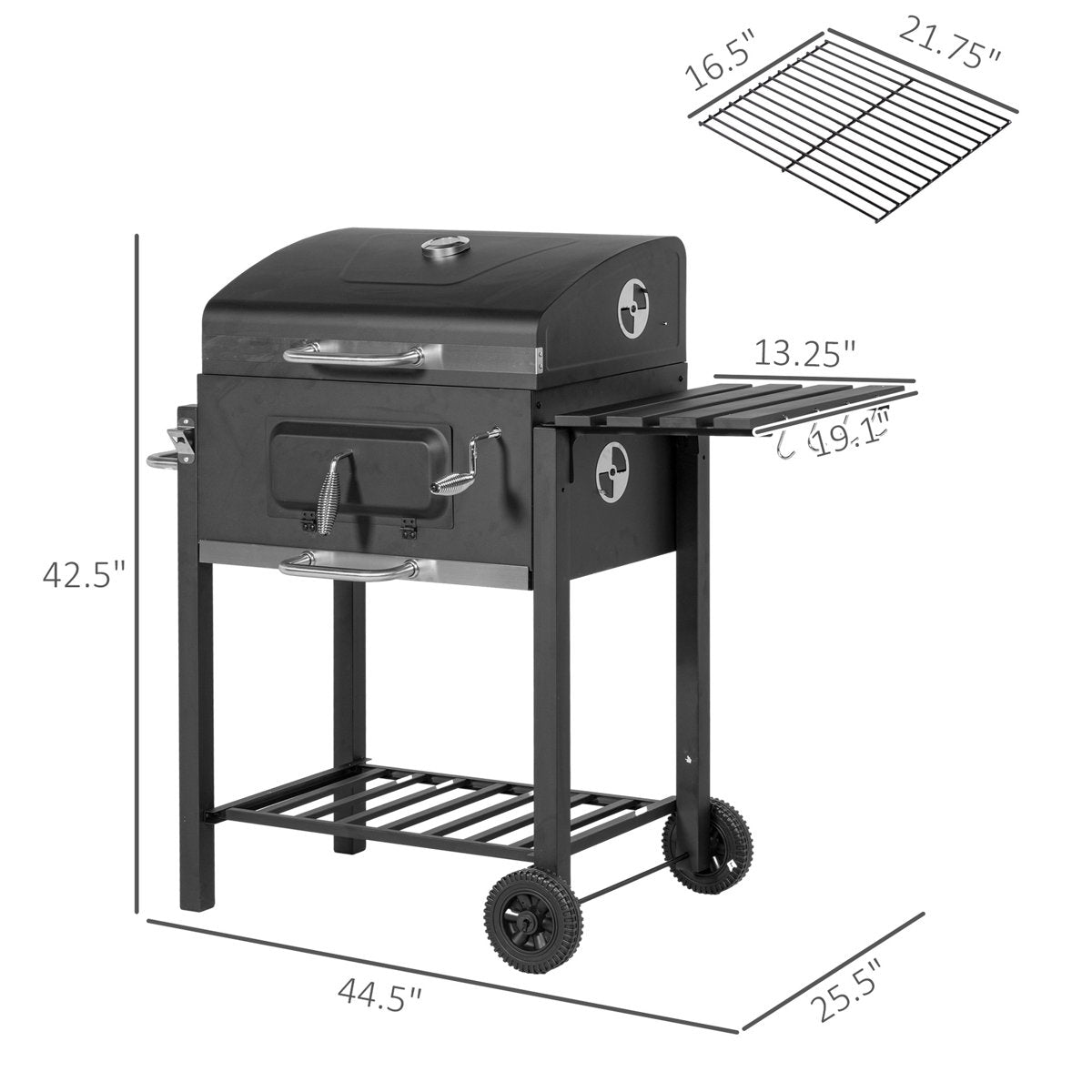 Charcoal Bbq Grill, Portable Outdoor Cooker For Camping & Backyard Parties. 21.75"X16.5" Grilling Surface, Side Table, Bottom Shelf, Wheels, Handle, Black. Optimal Heat Control With Adjustable Vents