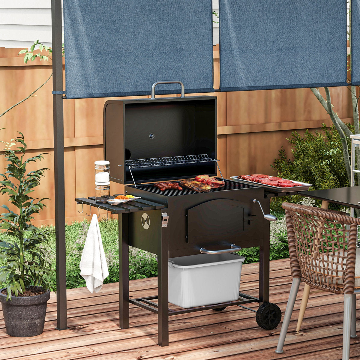 Charcoal Grill By , With Adjustable Height, Folding Shelves, Thermometer, Bottle Opener & Wheels, Ideal For Outdoor Camping, Picnic, Backyard, Black Portable Grill, Height Pan Chimney Controls,