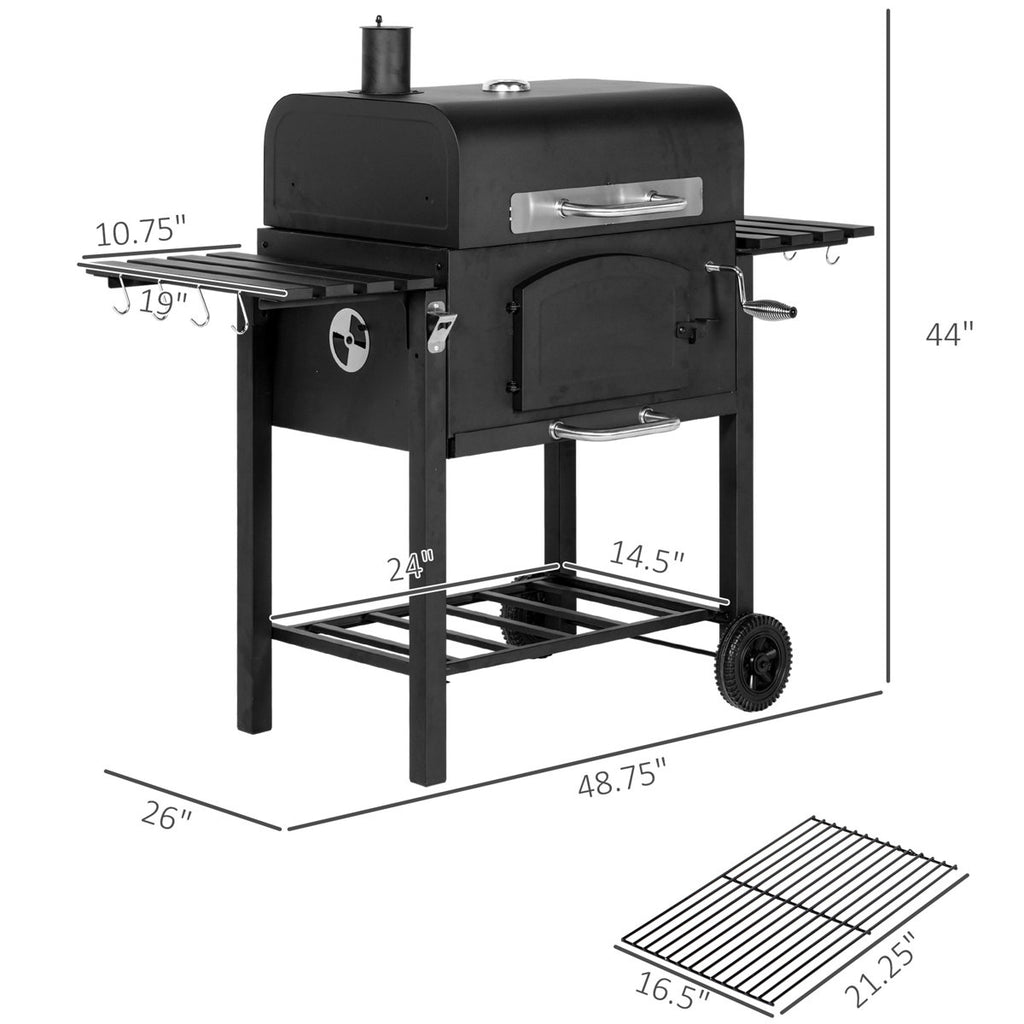 Charcoal Grill By , With Adjustable Height, Folding Shelves, Thermometer, Bottle Opener & Wheels, Ideal For Outdoor Camping, Picnic, Backyard, Black Portable Grill, Height Pan Chimney Controls,