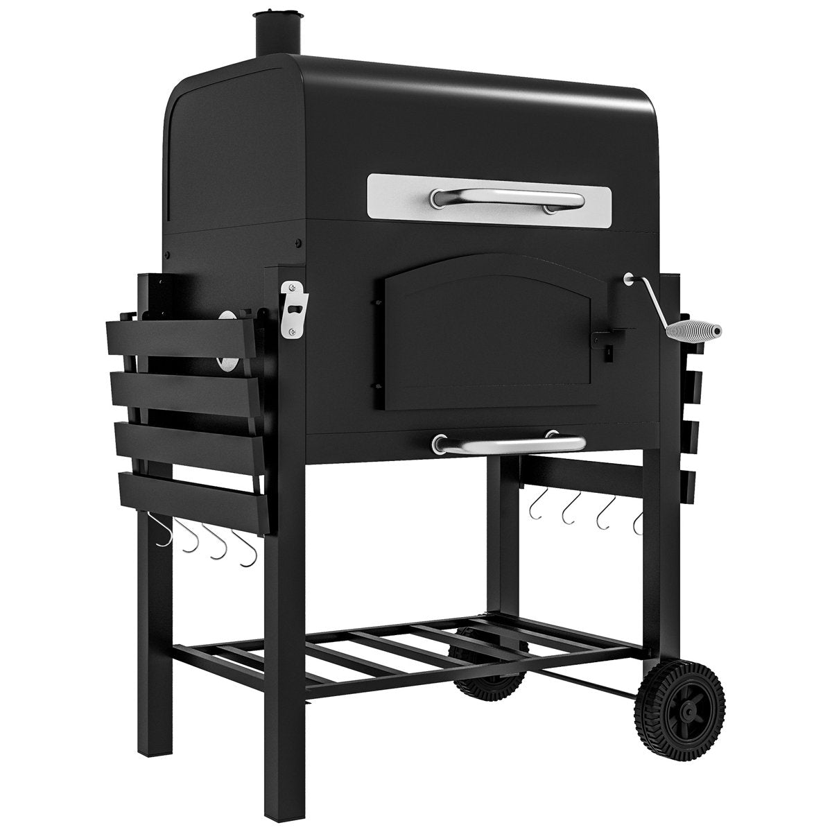 Charcoal Grill By , With Adjustable Height, Folding Shelves, Thermometer, Bottle Opener & Wheels, Ideal For Outdoor Camping, Picnic, Backyard, Black Portable Grill, Height Pan Chimney Controls,