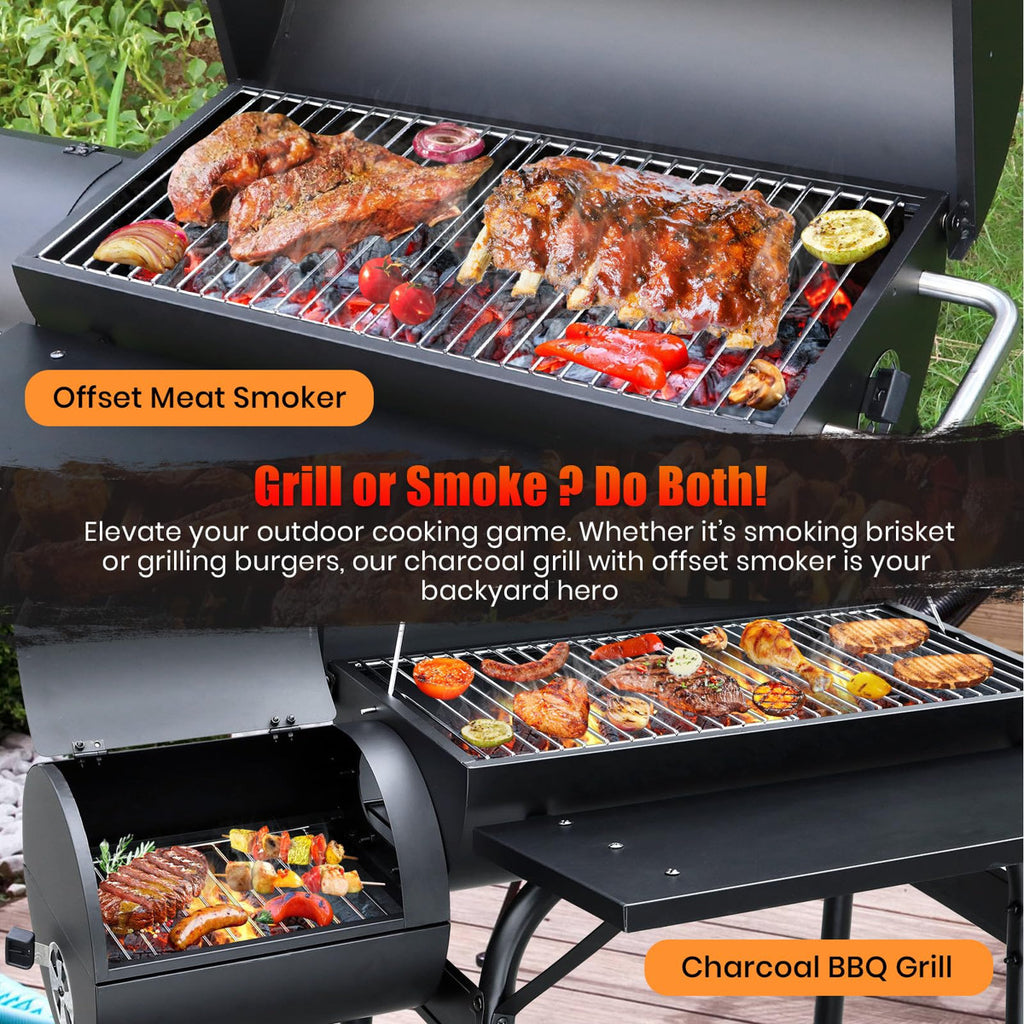 Charcoal Grill Offset Smoke, Charcoal Barbecue Grills with Spacious Cooking Area | Barrel BBQ Grill and Smokers Combo, (Black)
